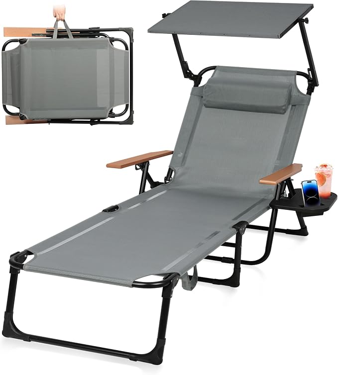 Beach Lounge Chairs with Armrests, 4-Position Folding Lounge Chairs for Outside, Sunbathing Portable Lounge Chaise, Tanning Chair Pillow & Cup Holder, for Outside Beach Pool (Grey.)