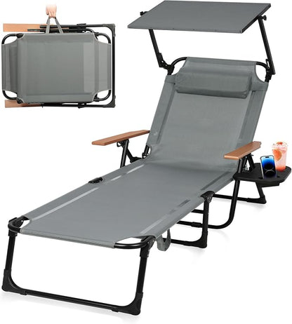 Beach Lounge Chairs with Armrests, 4-Position Folding Lounge Chairs for Outside, Sunbathing Portable Lounge Chaise, Tanning Chair Pillow & Cup Holder, for Outside Beach Pool (Grey.)