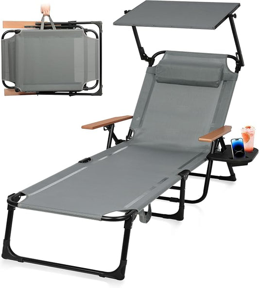 Beach Lounge Chairs with Armrests, 4-Position Folding Lounge Chairs for Outside, Sunbathing Portable Lounge Chaise, Tanning Chair Pillow & Cup Holder, for Outside Beach Pool (Grey.)