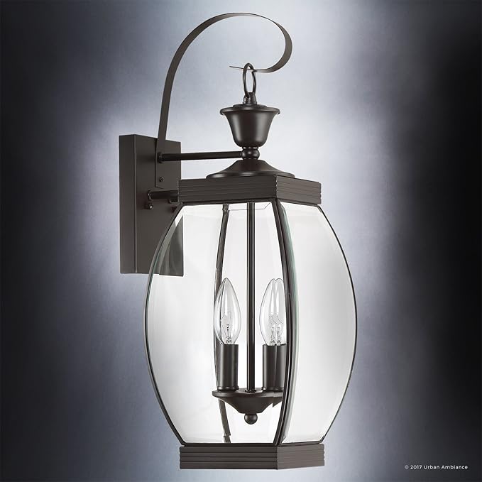 Urban Ambiance Luxury Colonial Outdoor Wall Light, Large Size: 21" H x 7.5" W, with Transitional Style Elements, Bowed Design, Gorgeous Dark Medieval Bronze Finish and Beveled Glass, UQL1171