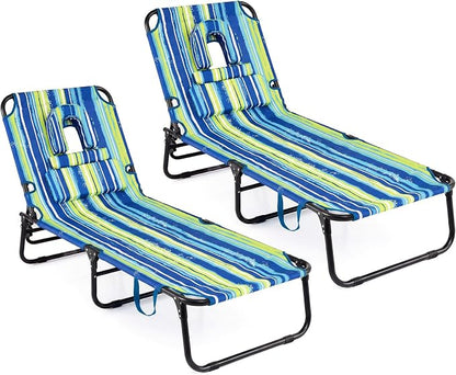 GYMAX Tanning Chair, 330lbs Beach Lounge Chair with Face Hole, Detachable Washable Pillow & Carry Strap, Adjustable Folding Lounger, Layout Chair for Outside, Patio, Poolside, Lawn (2, Blue Stripe)