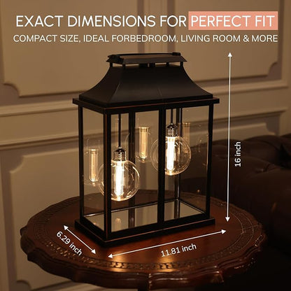 Modern Farmhouse Lanterns, Black Plastic Clear Glass Shade Lanterns Decor –3AA Battery Powered, with 2 G100 LED Vintage Bulbs & Timer(6/18),Ideal for Porch, Patio, Indoor Tables & Mantelpiece.