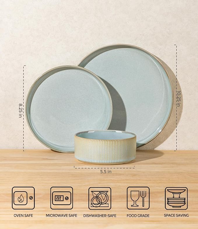 TheTerra Ceramic Dinnerware Sets for 8, 24 Pieces Porcelain Lightweight Plates and Bowls Sets, Scratch Resistant Dish Set, Oven & Microwave & Dishwasher Safe,Mist Blue