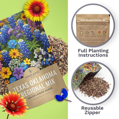 Texas Oklahoma Regional Mix Seeds for Planting - Bulk 1 Pound Bag - Over 240,000 Native Seeds - Open Pollinated and Non GMO
