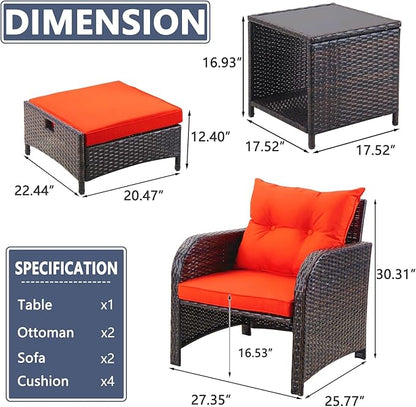 5 Pieces Wicker Patio Chairs Set with Ottomans, Orange Cushioned Lounge Chairs Set of 2 with Ottoman, PE Rattan Outdoor Furniture with Ottoman Set for Balcony Porch