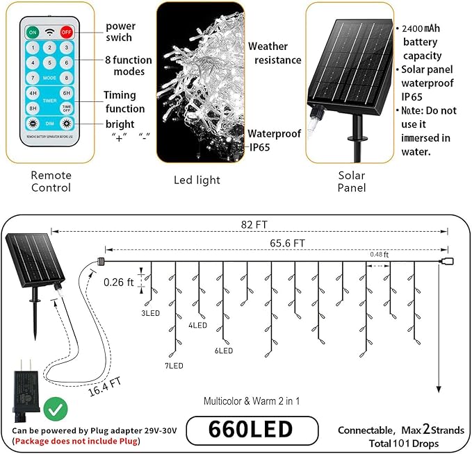 Solar Icicle Lights for Outside - 82Ft 660 LED Solar Powered Christmas Lights Outdoor Waterproof with Remote, Cool White LED Icicle String Lights for Halloween Wedding Patio Balcony Roof Decor