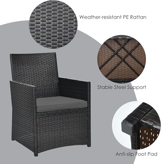 HAPPYGRILL 3 Piece Outdoor Wicker Bistro Set PE Rattan Dining Table Set with Cushioned Chairs, Patio Conversation Set for Backyard Porch Garden and Poolside