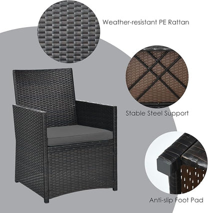HAPPYGRILL 3 Piece Outdoor Wicker Bistro Set PE Rattan Dining Table Set with Cushioned Chairs, Patio Conversation Set for Backyard Porch Garden and Poolside