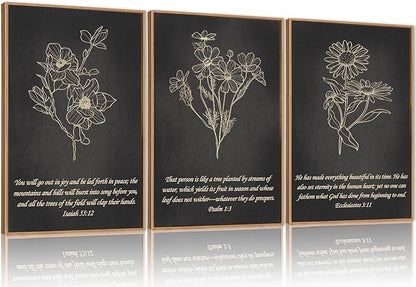 FWIEXA Black Christian Bible Verse Canvas Wall Art Set of 3, Easter Minimalist Scripture Wall Decor, Religious Beige Abstract Floral Painting, 24x36In Vintage Artwork for Living Room,Bedroom,Prayer Room
