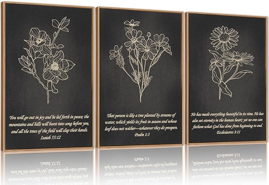 FWIEXA Black Christian Bible Verse Canvas Wall Art Set of 3, Easter Minimalist Scripture Wall Decor, Religious Beige Abstract Floral Painting, 24x36In Vintage Artwork for Living Room,Bedroom,Prayer Room