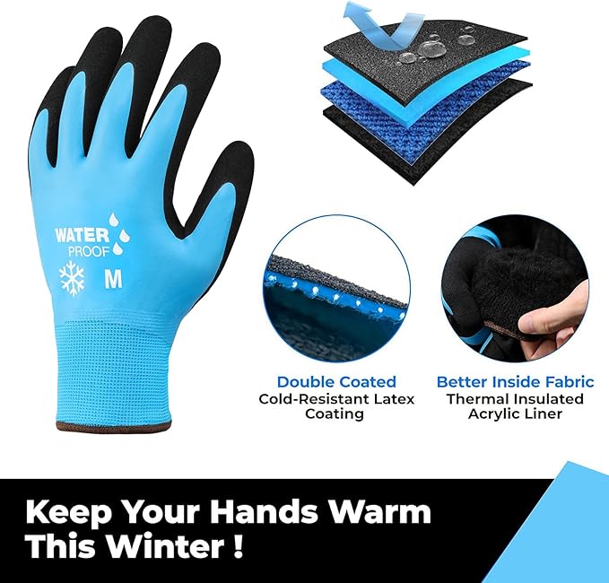 DULFINE 100% Waterproof Winter Work Gloves for Men and Women,Foam Latex Coated and Thermal Insulated Gloves for Cold Weather