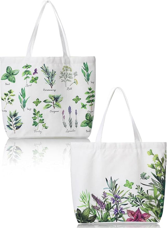 Bencailor 2 Pcs Spring Flower Canvas Tote Bags Reusable Wildflowers Herbs Plant Grocery Bags for Women Shopping Spring Gifts(Herbs)
