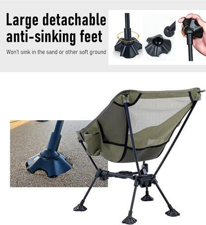 iClimb Ultralight Compact Camping Folding Beach Chair with Anti-Sinking Large Feet and Back Support Webbing (Black - Triangular Frame - 2PC)