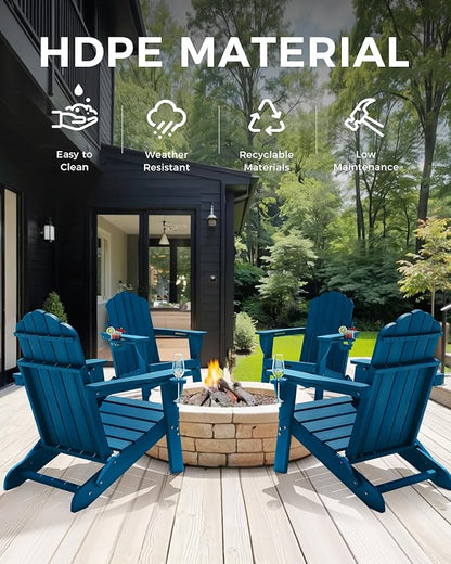 Adirondack Chairs Set of 6, Fire Pit Chairs, Wood Texture Patio Chairs with 2 Cup Holder, Outdoor Lawn Chair, NavyBlue