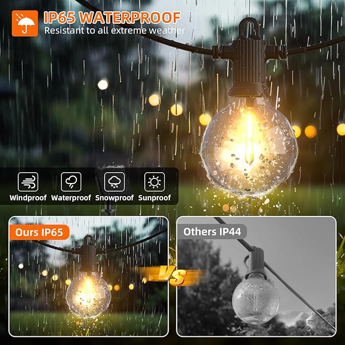 Kawaya Outdoor String Lights, LED Patio Light, Shatterproof Edison Globe Bulbs - IP65 Waterproof Dimmable Hanging Lights (Solar 31FT(15 Bulbs))