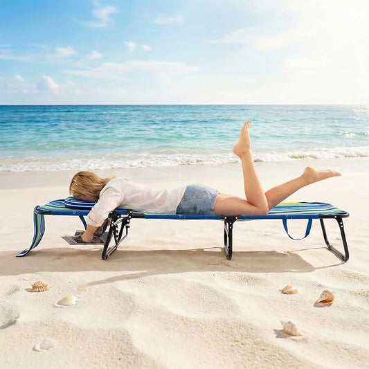GYMAX Tanning Chair, Folding Lounge Chairs with Face Hole & Cover, Removable Pillow Carry Handle, Portable Compact Outdoor Layout Recliner for Beach, Poolside, Lawn, Patio, Camping (Blue Stripe,1)