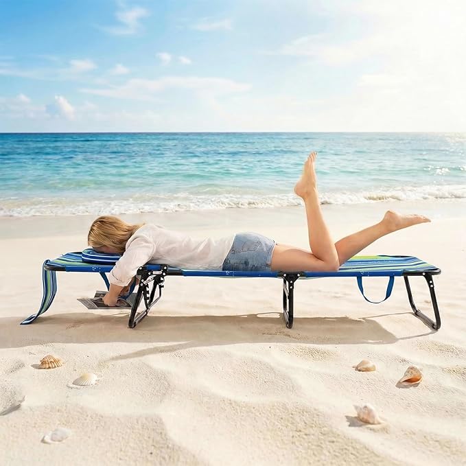 GYMAX Tanning Chair, Folding Lounge Chairs with Face Hole & Cover, Removable Pillow Carry Handle, Portable Compact Outdoor Layout Recliner for Beach, Poolside, Lawn, Patio, Camping (Blue Stripe,2)