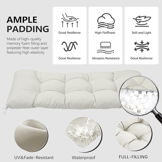 3 Pcs Wicker Chair Cushions Patio Loveseat Chaise Cushion Set - 1200D 47x19*4 Inch Waterproof Wicker Bench Cushions with 2 19x19x4 Inch Chair Cushions for Garden Porch Wicker Patio Furniture(White)