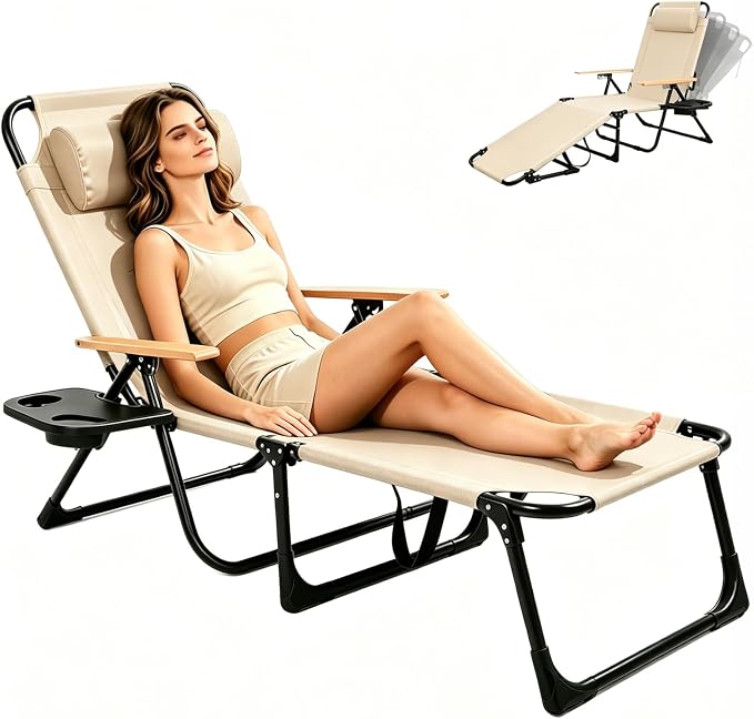 Foldable Chaise Lounge Chair Outdoor, Tanning Chair with 4-Position Reclining Back, Folding Sun Lounger, Outdoor Lounge Chair for Beach, Poolside, Backyard, Camping, UPF 50+, 300 LBS