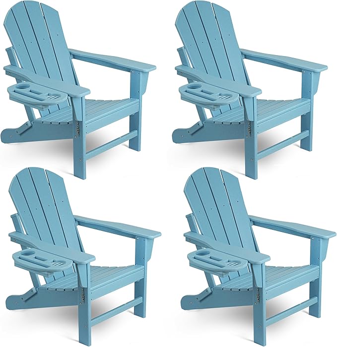 Adirondack Chair Set of 4, HDPE Folding Adirondack Chair with Multifunctional Cup Holder, Weather Resistant Fire Pit Chair for porches, patios, poolsides, Decks.