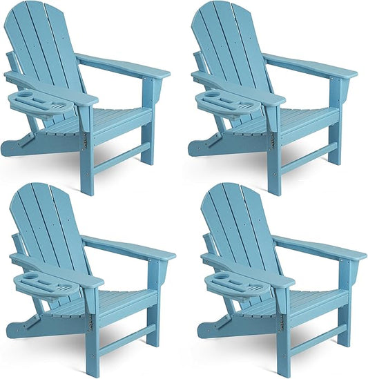 Adirondack Chair Set of 4, HDPE Folding Adirondack Chair with Multifunctional Cup Holder, Weather Resistant Fire Pit Chair for porches, patios, poolsides, Decks.