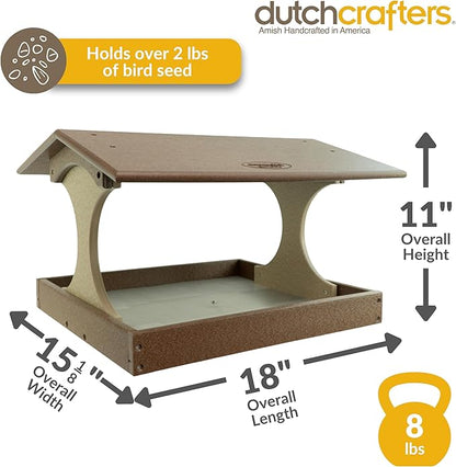 DutchCrafters Amish USA Made Poly Extra Large Fly Through Bird Feeder Post Mount for 4" x 4", Covered Bird Feeder Open Platform Seed Tray for Outdoor, Outside, Garden, Yard (Tudor Brown & Weatherwood)