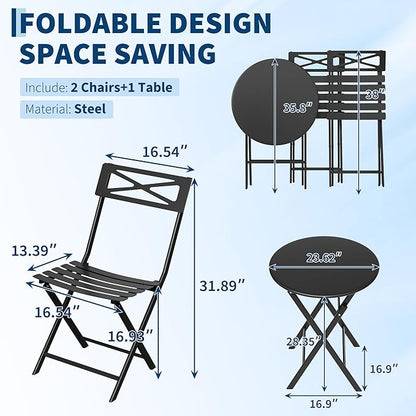 Outdoor Round Bistro Set 3 Piece, Black Iron Patio Furniture Set with Round Table & 2 Chairs, Foldable Steel Backyard Deck Porch Garden Furniture, Space Saving Outdoor Dining Set for Small Spaces