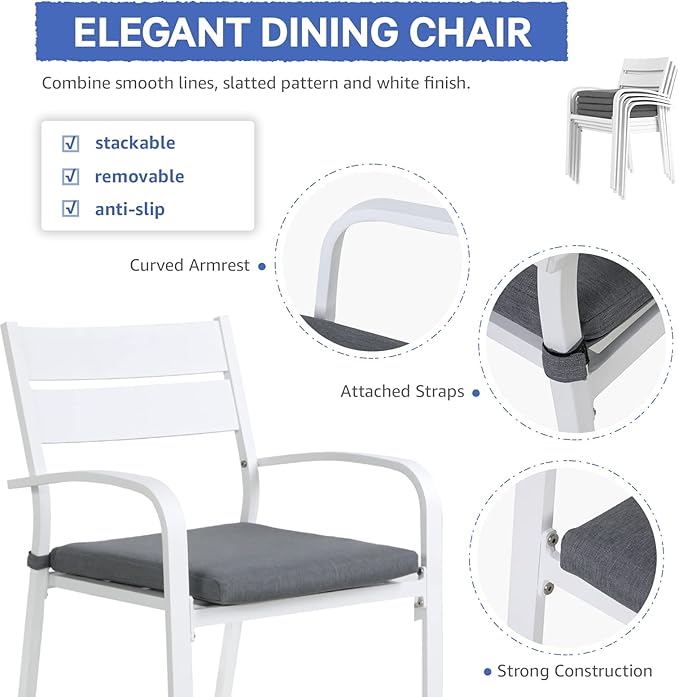 Soleil Jardin 9-Piece Outdoor Patio Dining Set, 59" - 83" Aluminum Expandable Outdoor Dining Table Set for 8, 8 Stackable Chairs with Gray Removable Cushions, White