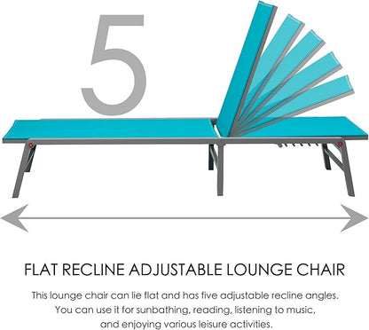 Kozyard 2 Packs Lounge Chair Outdoor Foldable Lounge Chair with 5 Adjustable Backrest Patio Lounger, Assemble-Free, Recliner and Full Flat Chairs for Patio Beach Pool (2 Aqua Textilence W/O Table)