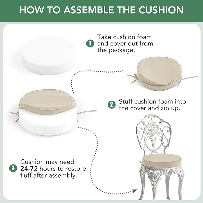 Summsun Outdoor Bistro Chair Cushions Set of 2, 15" D x 3" H Round Chair Cushions Waterproof and Fade Resistant Chair Cushion Pads with Non-Slip Ties and Removable Covers for Garden, Cream
