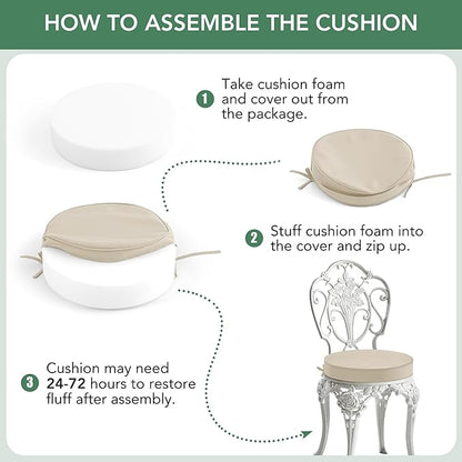 Summsun Outdoor Bistro Chair Cushions Set of 2, 15" D x 3" H Round Chair Cushions Waterproof and Fade Resistant Chair Cushion Pads with Non-Slip Ties and Removable Covers for Garden, Cream