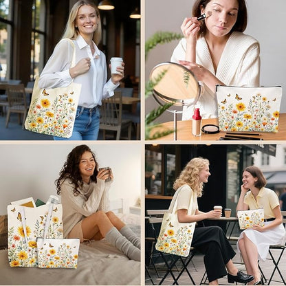 Flower Plant Lover Gifts for Women Canvas Tote Bag with Makeup Bag Cosmetic Bags Grocery Bags for Shopping Christmas