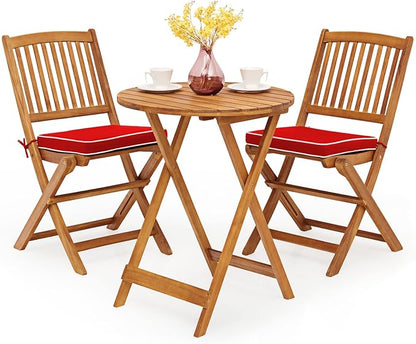 Tangkula 3 PCS Patio Folding Bistro Set, Outdoor Acacia Wood Chair and Table Set w/Padded Cushion& Round Coffee Table, Ideal for Indoor Patio Poolside Garden (Red)