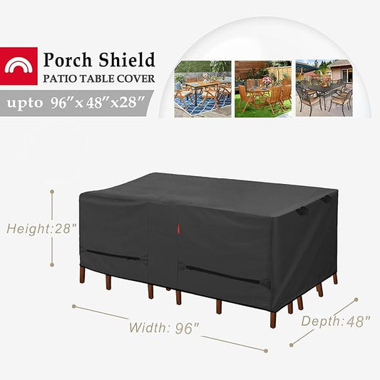 Porch Shield Patio Table Cover - Waterproof Outdoor Dining Table and Chairs Furniture Set Cover Rectangular - 96 x 48 inch, Black