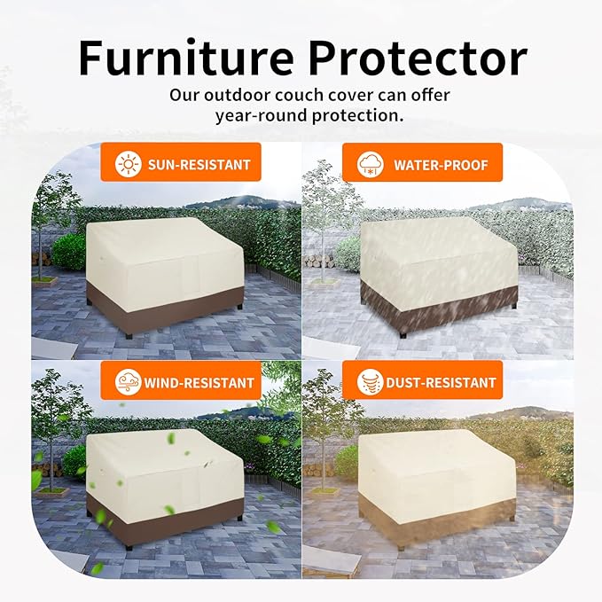 Easy-Going Heavy Duty Waterproof Outdoor 2-Seater Patio Couch Cover - Windproof with Air Vent (76Wx40Dx33H inch, Beige/Dark Brown)