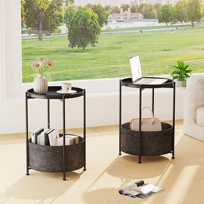 Garden 4 you Small Side Table, Mini Round End Table, Black Tray Table with Fabric Storage Basket, Modern Nightstand for Living Room, Bedroom, Patio, Small Space, 2pcs