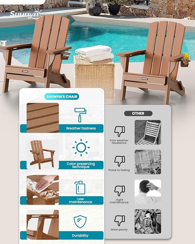 Folding Adirondack Chair, HDPE All-Weather Fire Pit Chairs, Plastic Adirondack Chairs with 2 Cup Holder, Outdoor Lawn Chair for Patio Garden (Teak)