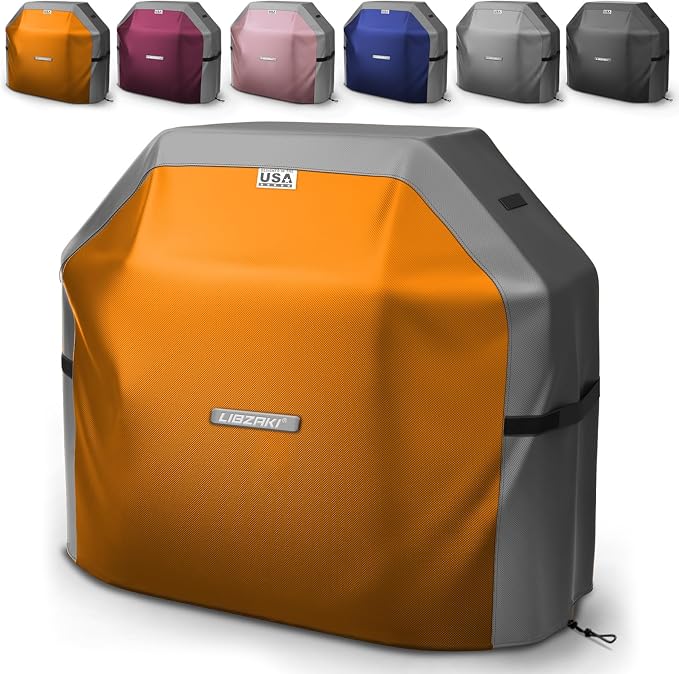 LIBZAKI Grill Cover 420D Waterproof, Weather Resistant, Rip-Proof, Anti-UV, Fade Resistant,Gas Grill Cover for Weber,Char Broil,Nexgrill Grills, etc.58 inches-Gray/Orange