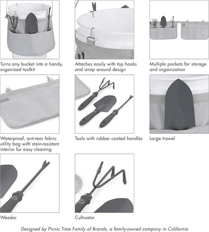 Picnic TIME Garden Bucket Tool Organizer, Gardening Tools Organizer Bag with Hooks to Attach to Bucket, Gardening Essentials and Gifts for Women and Men, Plant Lover Gifts for Gardeners (Fog Gray)