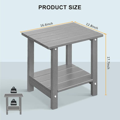 2 Tier Outdoor Side Table with Wood-Like Grain, 16.6" HDPE Adirondack Table Patio Side Table, Weather Resistant End Table for Pool, Patio & Porch, Small Outdoor Table (Grey, Rectangle)