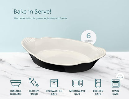 Au Gratin Baking Dishes, by Kook, Mini Casserole Dish, Set of 6, for Banana Split, Oven and Microwave Safe, Dishwasher Safe, Ceramic Serving Dishes, Lasagna & Cobblers, Individual Serving, 12 oz (Black)