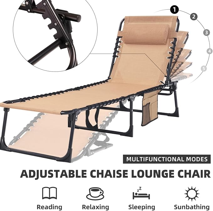 Patio Lounge Chair 2 PCS Folding Chaise Bed - Heavy-Duty 400lb Capacity Portable Adjustable Recliner w/Pillow for Pool, Camping, Sunbathing - Lay Flat Design (Beige)