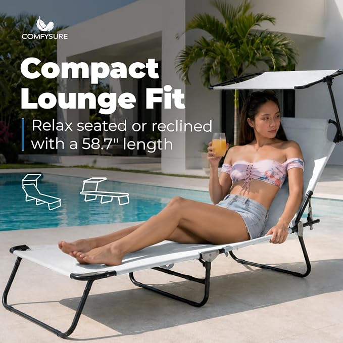 Folding Outdoor Lounge Chair with Canopy - Portable & Adjustable Beach Lounge Chair - 5-Positions, Carry Handles, 600D Fabric, 220 lbs Capacity – Tanning Chaise Lounge for Beach, Patio, Lawn