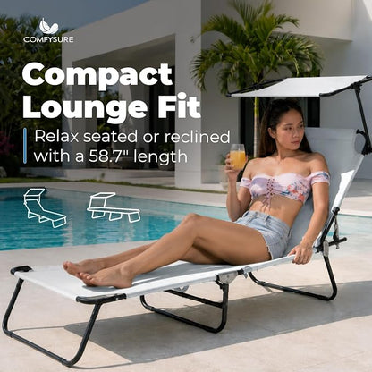 Folding Outdoor Lounge Chair with Canopy - Portable & Adjustable Beach Lounge Chair - 5-Positions, Carry Handles, 600D Fabric, 220 lbs Capacity – Tanning Chaise Lounge for Beach, Patio, Lawn