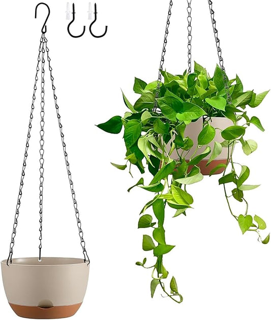 Set of 2 Hanging Planters for Indoor Outdoor Plants, 8 Inch Self-Watering Hanging Flower Pots with Drainage Hole & Removable Water-Storage Tray (Hooks)