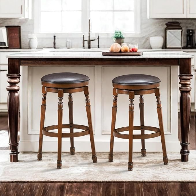 ERGOMASTER 29 Inch Swivel Bar Stools Set of 2, Rubber Wood, Brown