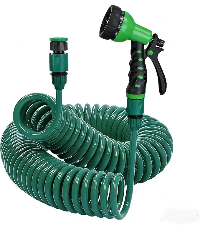 Retractable Garden Hose 66 FT, EVA Flexible Curly Water Pipes with 7-Pattern Spray Nozzle for Boat, Greenhouse, Yard, Patio, Green