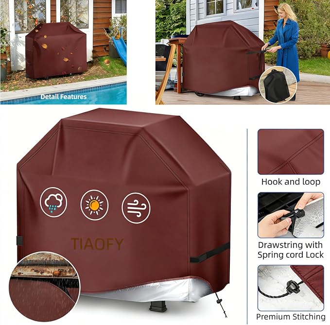 BBQ Gas Grill Cover for Outdoor, Anti-UV, Rip-Proof, 600D Oxford Fade Resistant Material, Barbecue Cover with Hook and Loop Straps & Adjustable Hem Drawstring (Reddish Brown, 48”x22”x42”)