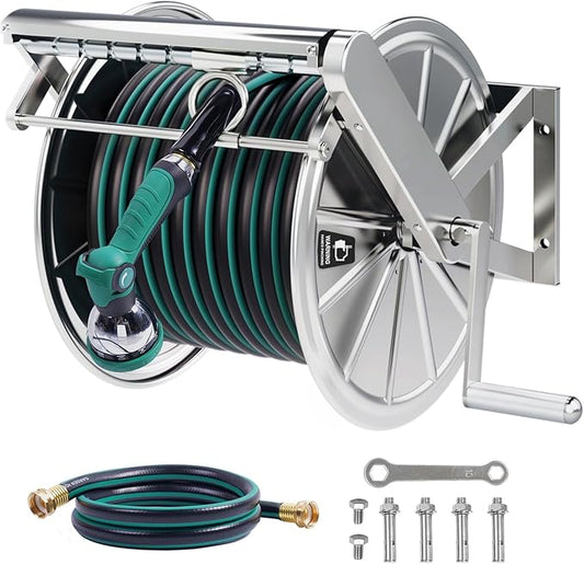 Stainless Steel Garden Hose Reel with 5/8" x 100 ft Heavy Duty Hose, Wall Mount Water Hose Holder, Hose Reels with Crank Handle for Outside, Lawn, Yard, Garage