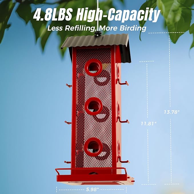 Squirrel-Proof Bird Feeder for Outdoors Hanging | 14-Port Multi-Bird Viewing | All Metal, Waterproof & Easy-Clean | Attracts Cardinals, Finches, Chickadees & More (Elegant Red & Black)